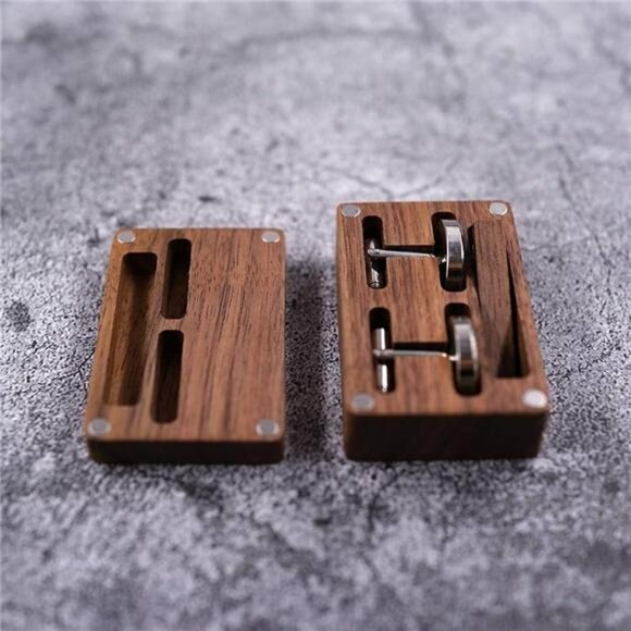 Mens Walnut Wood Cufflinks Tie Clip Set Stainless Steel Gift Box Wedding - Picture 2 of 7